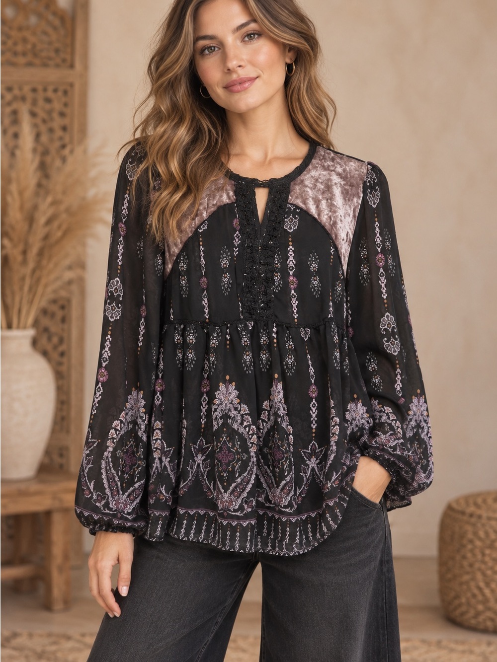 Knox Rose Black Peasant Blouse with Velvet Panels (090345) 🍂 ☀️